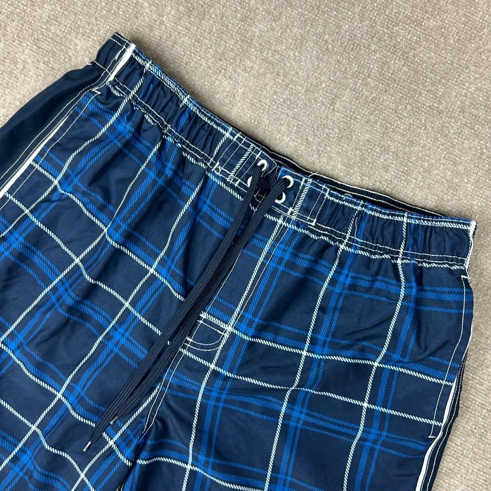 Ocean Pacific Swim Trunks Shorts Mens Large Navy Blue Plaid Mesh Lined Surfing